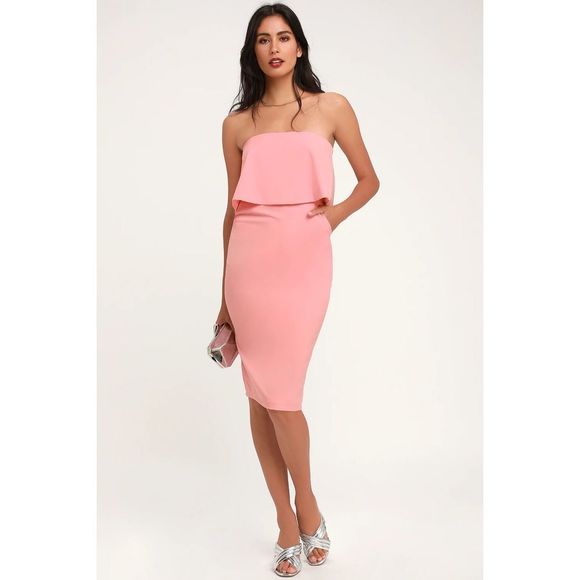 Lulu’s Lots of Love Light Pink Strapless Midi strapless flounce Dress - Picture 1 of 14